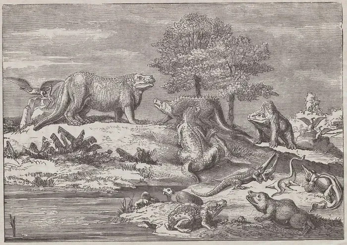 Framed Print : Illustration of Prehistoric Animals Alongside Water Hole Framed Print : Illustration of Prehistoric Animals Alongside Water Hole