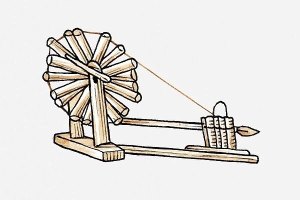 Illustration of a primitive spinning wheel