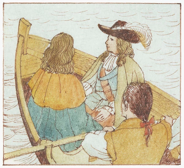 Illustration of Prince Charles fleeing to France by boat during the English Civil War in 1646