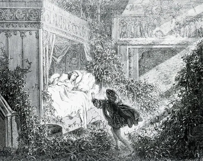 Framed Print : Illustration of the Prince Discovering Sleeping Beauty by Gustave Dore Framed Print : Illustration of the Prince Discovering Sleeping Beauty by Gustave Dore