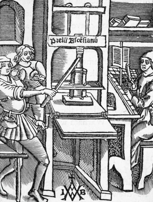 Framed Print : Illustration of Printing Press from Title Page of Historia de Bello Judaico Framed Print : Illustration of Printing Press from Title Page of Historia de Bello Judaico