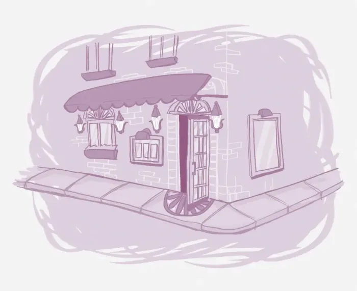 Framed Print : Illustration in purple, view down two sides of house on corner, showing ground floor and first floor