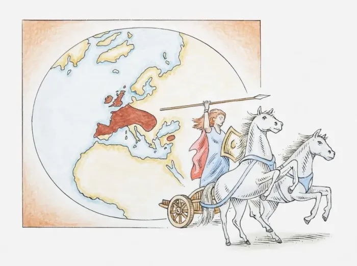 Framed Print : Illustration of Queen Boudicca on chariot in front of map showing Celtic territories across Europe