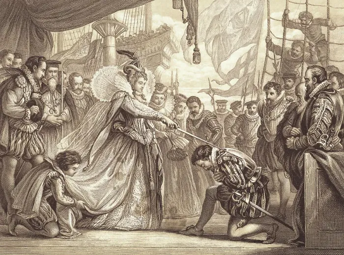 Framed Print : Illustration of Queen Elizabeth Knighting Sir Francis Drake Framed Print : Illustration of Queen Elizabeth Knighting Sir Francis Drake