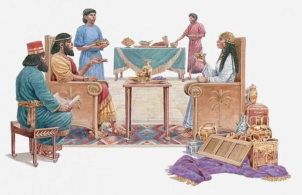 Illustration of Queen of Sheba talking to Solomon, surrounded by servants, gifts on the floor, Book of Kings