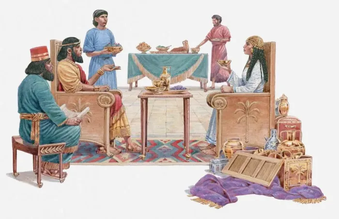 Framed Print : Illustration of Queen of Sheba talking to Solomon, surrounded by servants, gifts on the floor, Book of Kings Framed Print : Illustration of Queen of Sheba talking to Solomon, surrounded by servants, gifts on the floor, Book of Kings