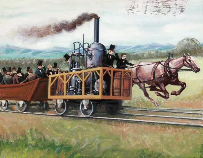 Framed Print : Illustration of a Race Between a Locomotive and a Horse-Drawn Car Framed Print : Illustration of a Race Between a Locomotive and a Horse-Drawn Car