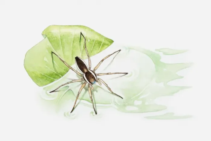 Framed Print : Illustration of a Raft spider (Dolomedes fimbriatus) on a leaf floating in a pond Framed Print : Illustration of a Raft spider (Dolomedes fimbriatus) on a leaf floating in a pond