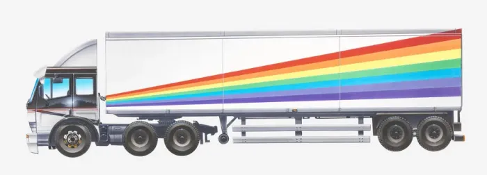 Framed Print : Illustration of rainbow striped articulated lorry Framed Print : Illustration of rainbow striped articulated lorry