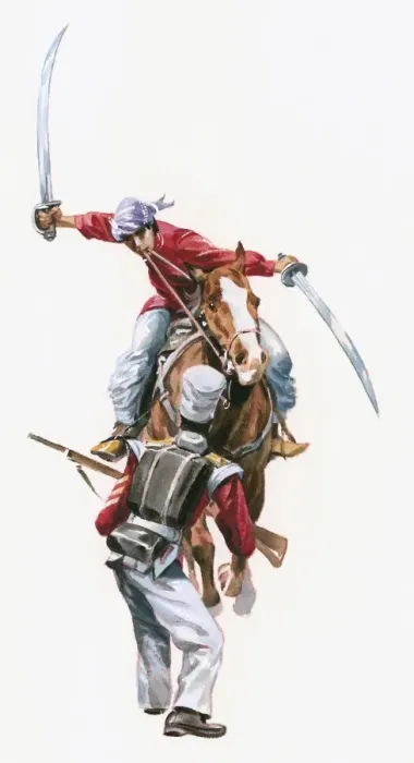 Framed Print : Illustration of Rani of Jhansi on horseback attacking British soldier with swords