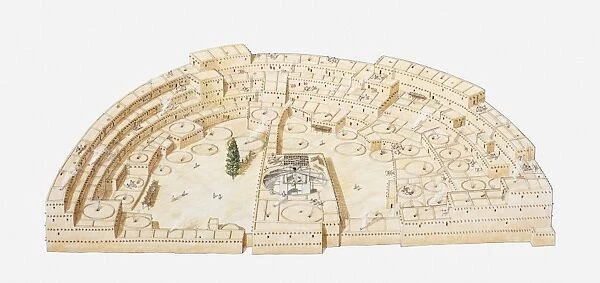 Illustration of reconstruction of Pueblo Bonito, Chaco Culture National Historical Park, New Mexico, USA