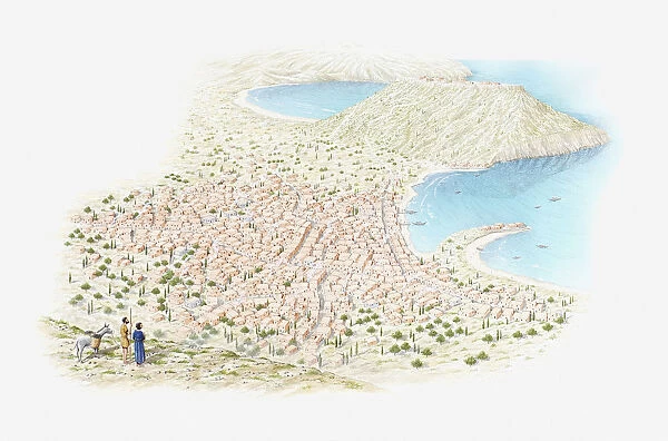Illustration of recreation of bronze age town and how it would have looked to a traveller on the hill of of Petsofa looking down on bay of Palaokastro in 1500 BC