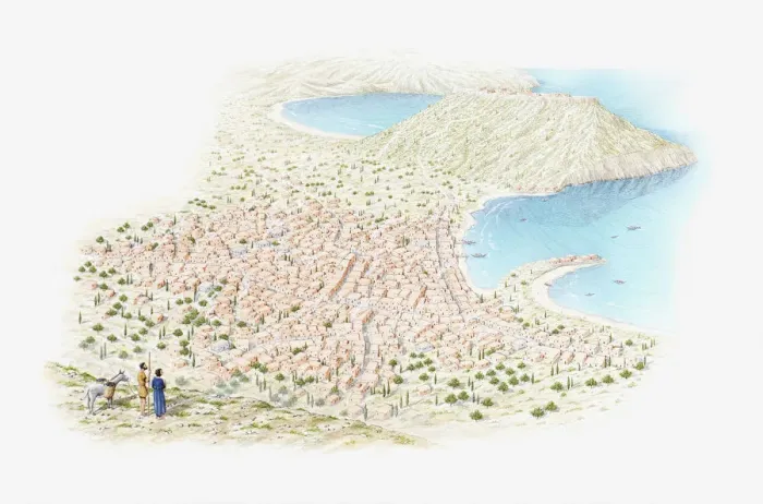 Framed Print : Illustration of recreation of bronze age town and how it would have looked to a traveller on the hill of of Petsofa looking down on bay of Palaokastro in 1500 BC Framed Print : Illustration of recreation of bronze age town and how it would have looked to a traveller on the hill of of Petsofa looking down on bay of Palaokastro in 1500 BC