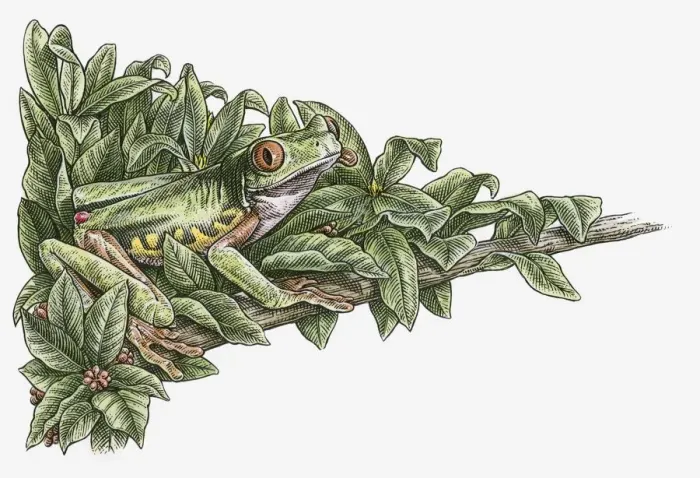 Framed Print : Illustration of Red-eyed Tree Frog (Agalychnis callidryas) camouflaged in leaves on branch Framed Print : Illustration of Red-eyed Tree Frog (Agalychnis callidryas) camouflaged in leaves on branch