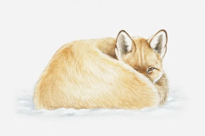 Framed Print : Illustration of a Red fox (Vulps vulpes) lying down curled up, looking Framed Print : Illustration of a Red fox (Vulps vulpes) lying down curled up, looking