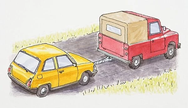 Illustration of red jeep towing yellow car on road