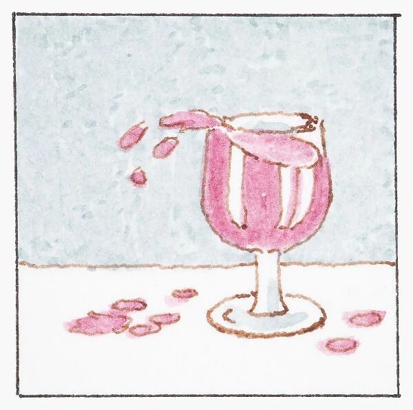 Illustration of red wine spilling out of wine glass on table