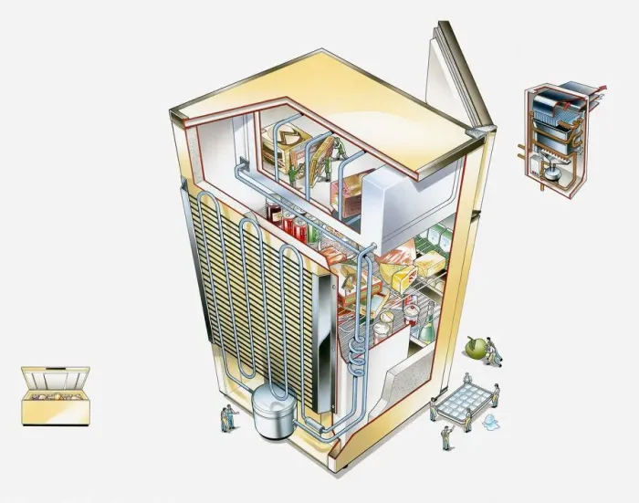 Framed Print : Illustration of refrigerator and smaller images showing chest freezer and boiler Framed Print : Illustration of refrigerator and smaller images showing chest freezer and boiler