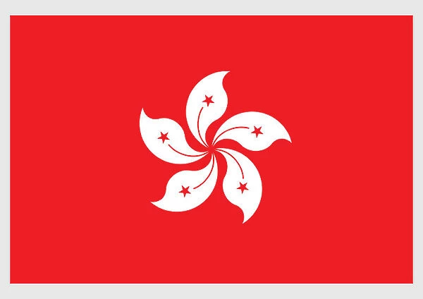 Illustration of Regional Flag of the Hong Kong Special Administrative Region, with red field, and white Bauhinia blakeana flower in center with five-pointed star on each petal