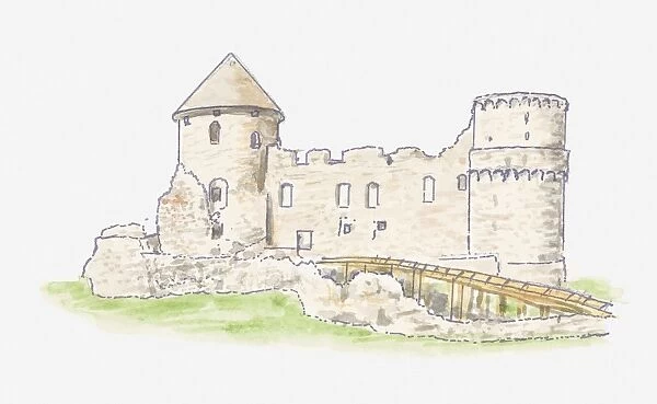 Illustration of remains of Livonian Cesis Castle in Latvia