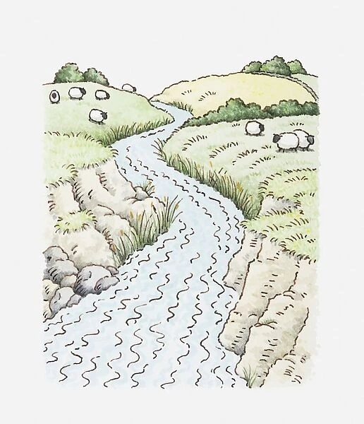 Illustration of river in rural landscape with sheep on the riverbank