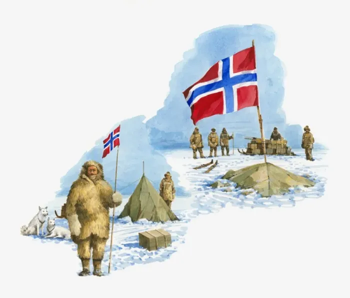 Framed Print : Illustration of Roald Amundsen with men at camp Polheim holding Norwegian flag Framed Print : Illustration of Roald Amundsen with men at camp Polheim holding Norwegian flag
