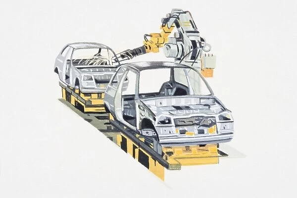 Illustration of robots building cars on factory production line