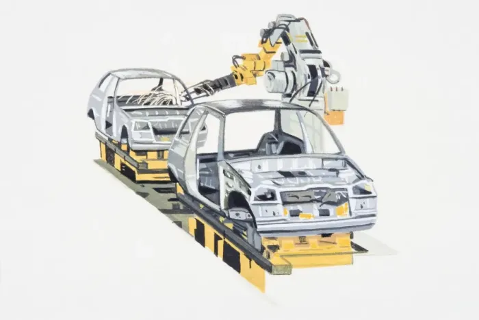 Framed Print : Illustration of robots building cars on factory production line Framed Print : Illustration of robots building cars on factory production line