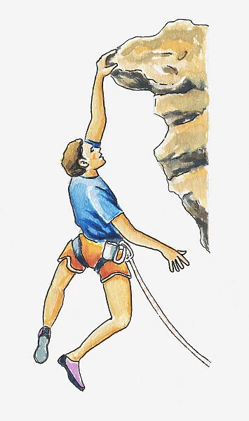 Illustration of a rock climber hanging onto the edge of a rock with one hand
