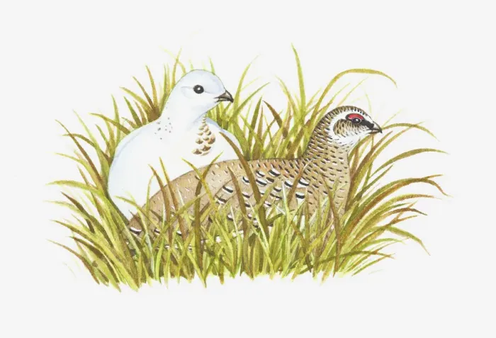 Framed Print : Illustration of Rock Ptarmigan (Lagopus muta) with male in white winter plumage and female with summer plumage sitting in long grass Framed Print : Illustration of Rock Ptarmigan (Lagopus muta) with male in white winter plumage and female with summer plumage sitting in long grass