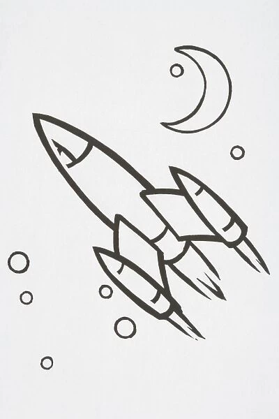 Illustration, rocket flying through space next to crescent moon and stars