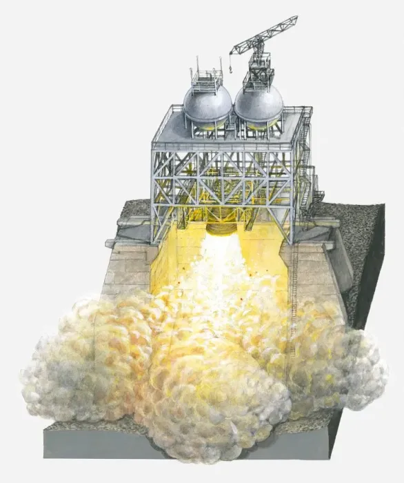 Framed Print : Illustration of rocket launch pad being tested with engines burning Framed Print : Illustration of rocket launch pad being tested with engines burning