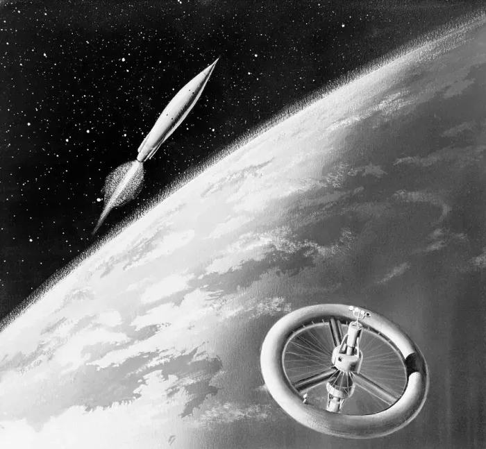 Framed Print : Illustration of a Rocket and Space Station Above Earth Framed Print : Illustration of a Rocket and Space Station Above Earth