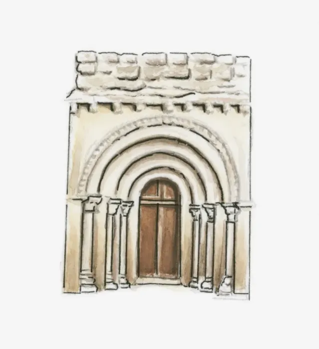 Framed Print : Illustration of Romanesque chapel entrance at Esclottes, Pays du Dropt, Lot-et-Garonne, France