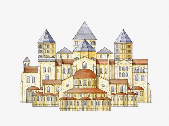 Framed Print : Illustration of Romanesque monastery-church, Cluny, France