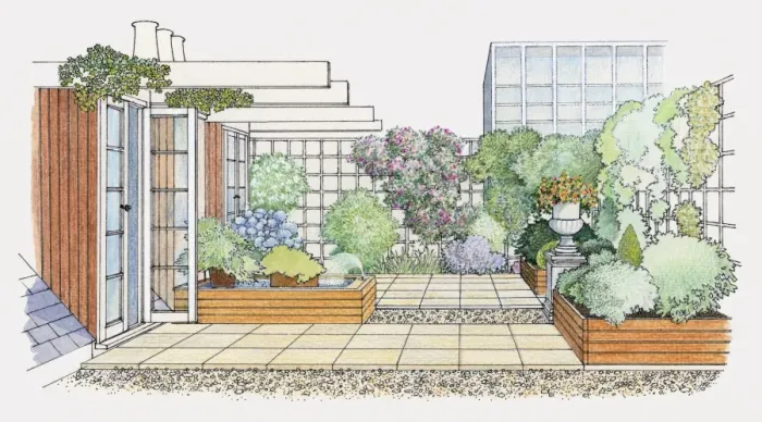 Framed Print : Illustration of a roof garden with water feature, raised flowerbeds, and trellises