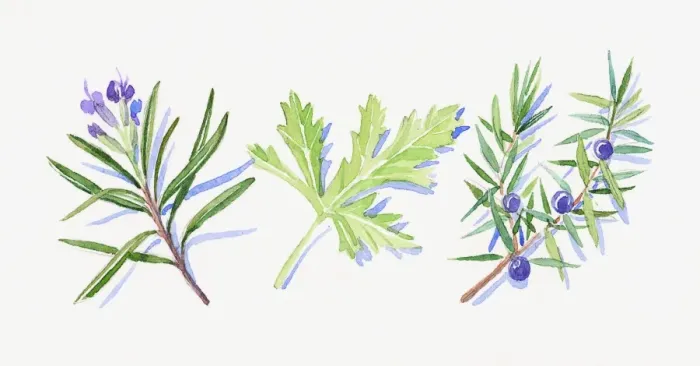 Framed Print : Illustration of rosemary flowers and leaves, Juniper flowers, leaves and berries, and geranium leaf Framed Print : Illustration of rosemary flowers and leaves, Juniper flowers, leaves and berries, and geranium leaf