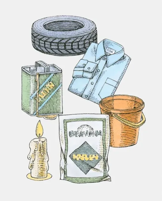 Framed Print : Illustration of rubber tyre, folded shirt, lit candle, plastic bucket, plastic sack and oil can Framed Print : Illustration of rubber tyre, folded shirt, lit candle, plastic bucket, plastic sack and oil can