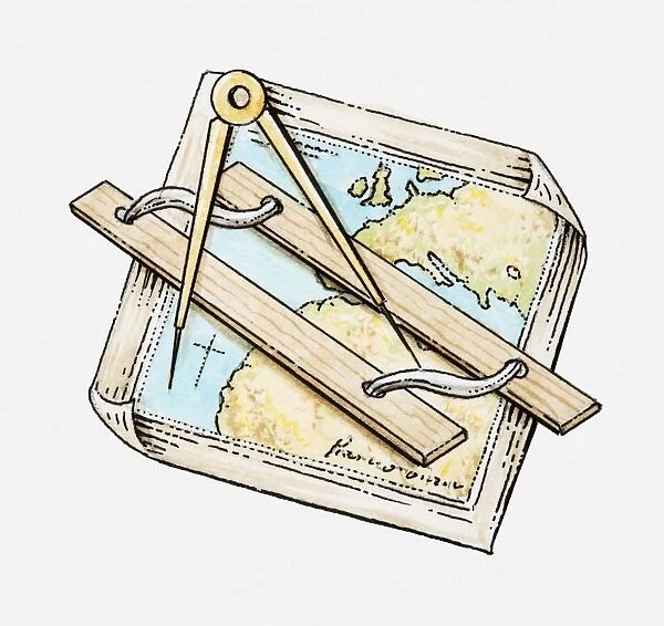 Illustration of ruler and pair of compasses on map