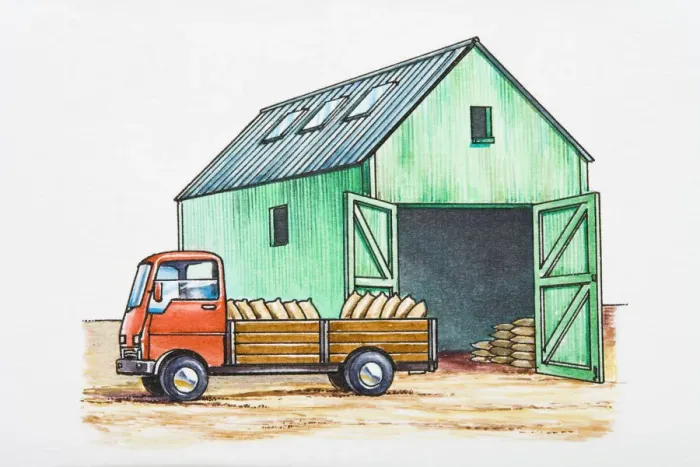 Framed Print : Illustration of sacks in back of stationary pick-up truck near barn with open doors