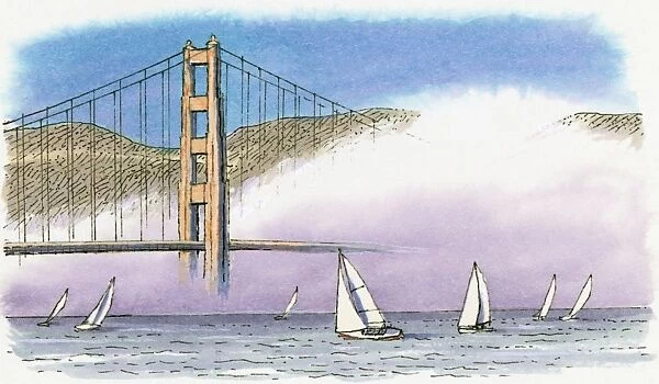 Illustration of sailing boats and Golden Mist on San Franciscos Golden Gate Bridge often wrapped in mist because warm California air is chilled by cold sea currents
