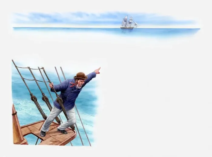 Framed Print : Illustration of sailor on the Ellen Austin leaning out over side of lookout post and pointing out at ghost ship in distance Framed Print : Illustration of sailor on the Ellen Austin leaning out over side of lookout post and pointing out at ghost ship in distance