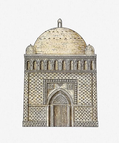 Illustration of Samanid mausoleum, Bukhara, Uzbekistan, 10th century