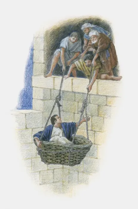Framed Print : Illustration of Saul being lowered down side of stone building in basket by four men Framed Print : Illustration of Saul being lowered down side of stone building in basket by four men