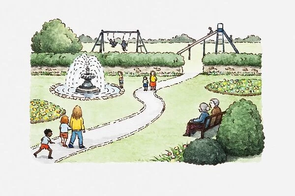 Illustration of a scene in a park with people walking on footpath and seated on bench, also containing a fountain and a playground