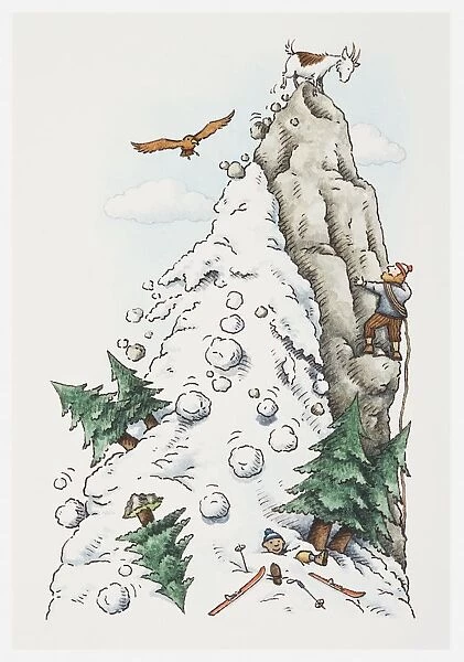 Illustration of a scene on a snow-covered mountain, with a goat perching on the peak and kicking off an avalanche
