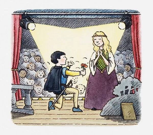 Illustration of a scene in a stage play, suitor presenting rose to a young woman