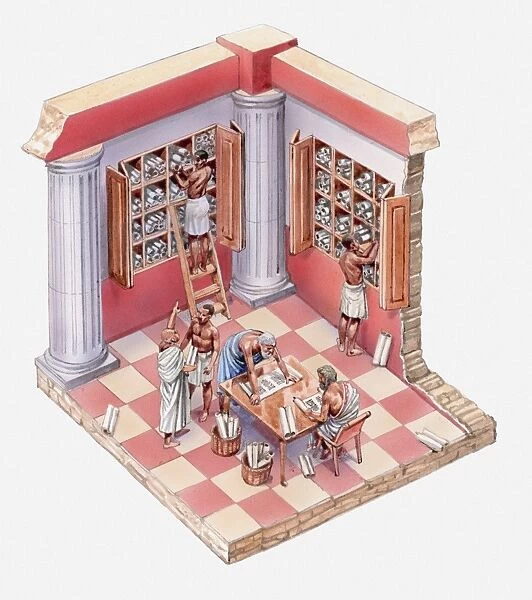 Illustration of scholars and slaves in ancient library