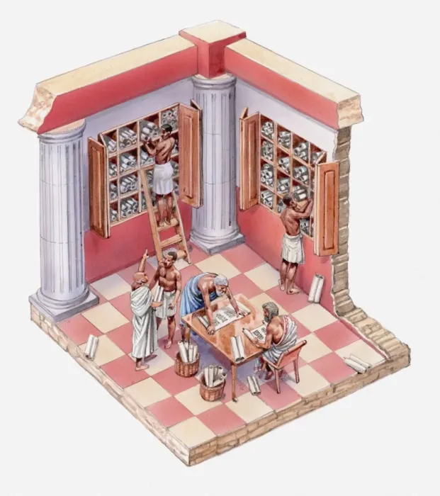 Framed Print : Illustration of scholars and slaves in ancient library Framed Print : Illustration of scholars and slaves in ancient library