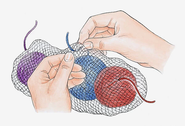 Illustration of securing balls of wool in net back using safety pin to prevent tangling